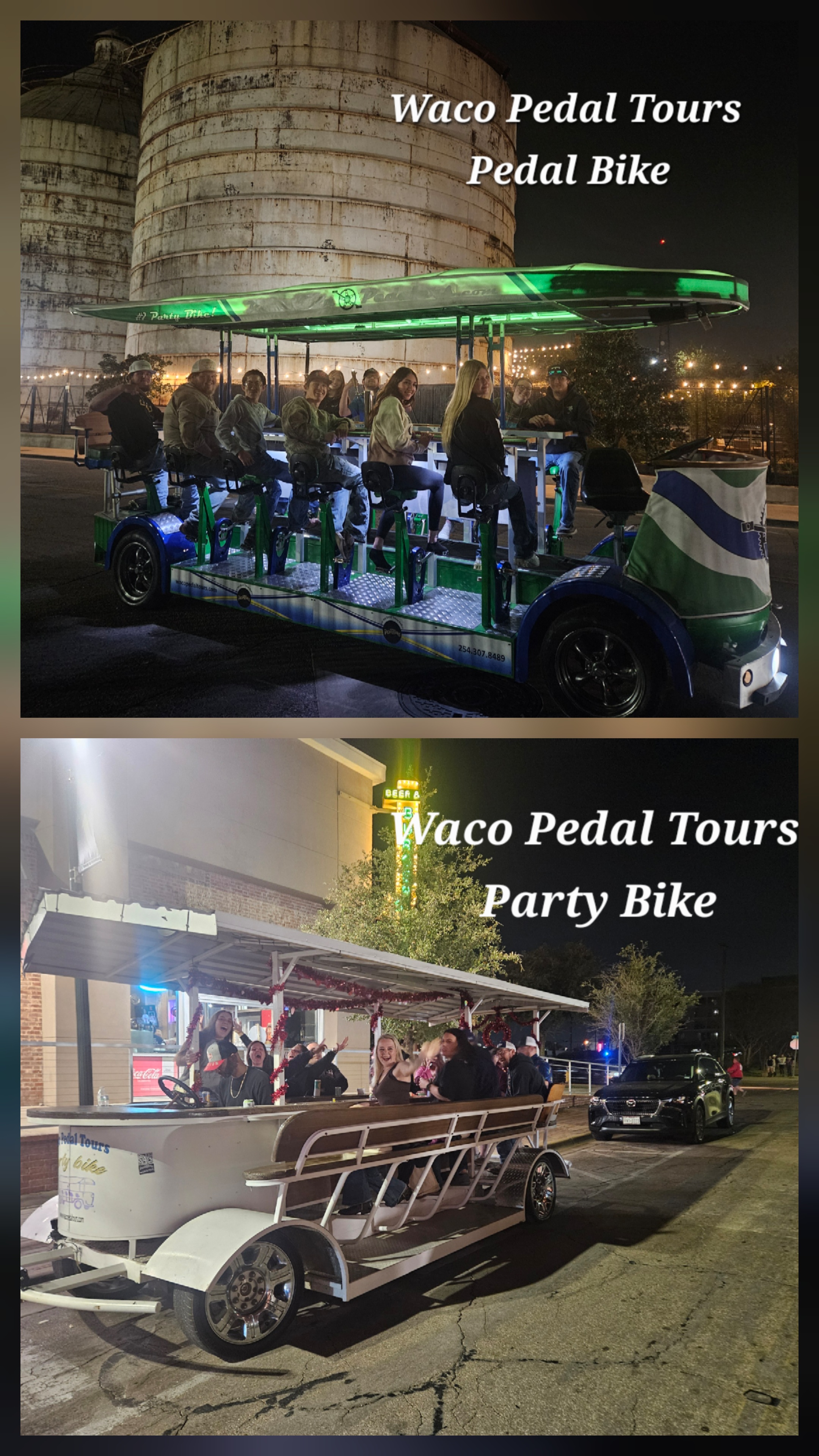 Waco Pedal Tours party bike glowing with green LED lights at night
